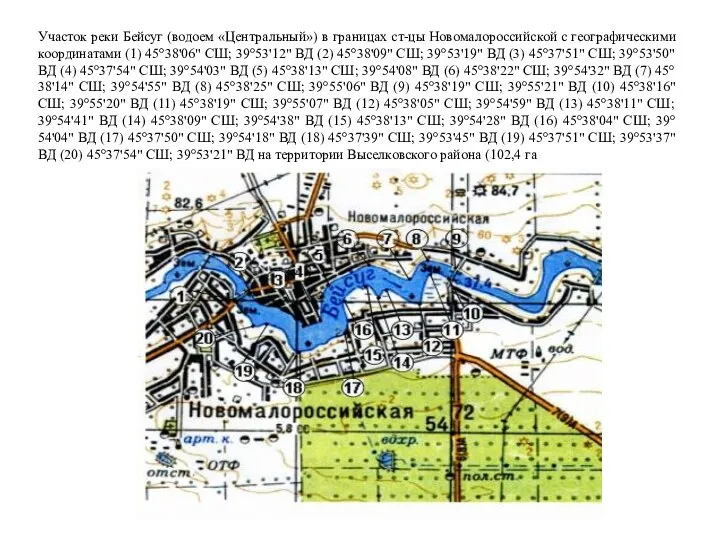 Участок реки Бейсуг (водоем «Центральный») в границах ст-цы Новомалороссийской с географическими координатами