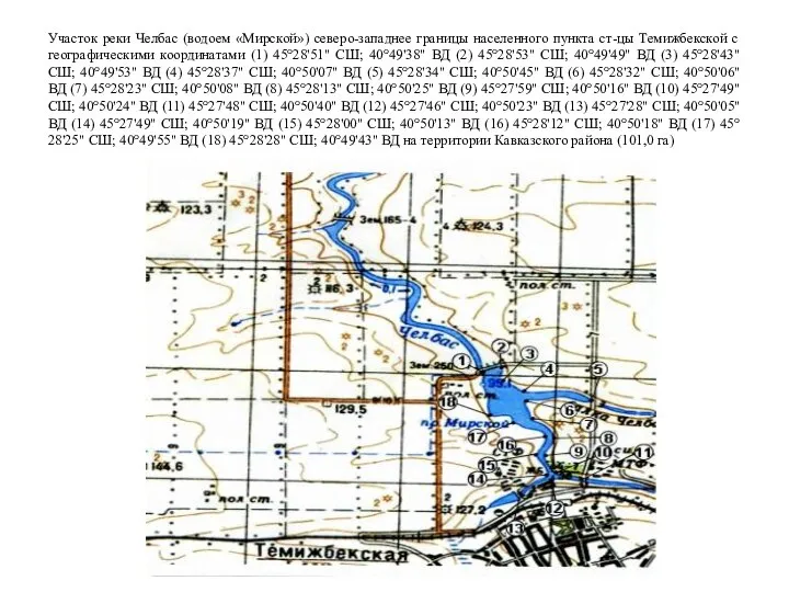 Участок реки Челбас (водоем «Мирской») северо-западнее границы населенного пункта ст-цы Темижбекской с