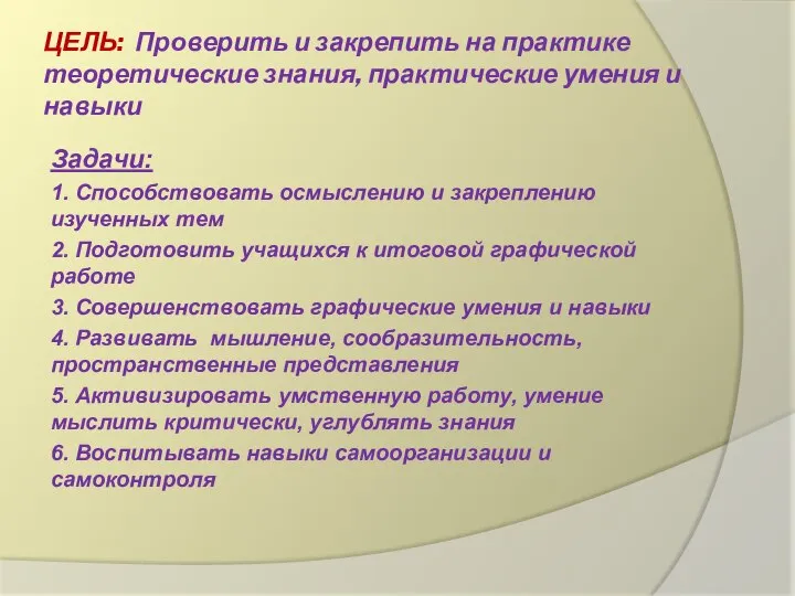 ЦЕЛЬ: Проверить и закрепить на практике теоретические знания, практические умения и навыки