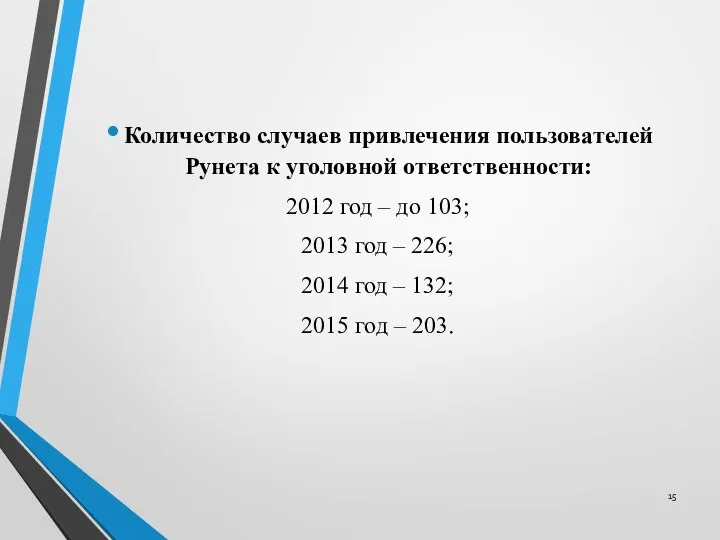 Количество случаев привлечения пользователей Рунета к уголовной ответственности: 2012 год – до