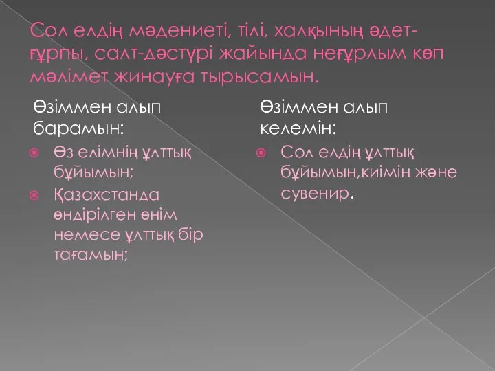 Сол елдің мәдениеті, тілі, халқының әдет-ғұрпы, салт-дәстүрі жайында неғұрлым көп мәлімет жинауға