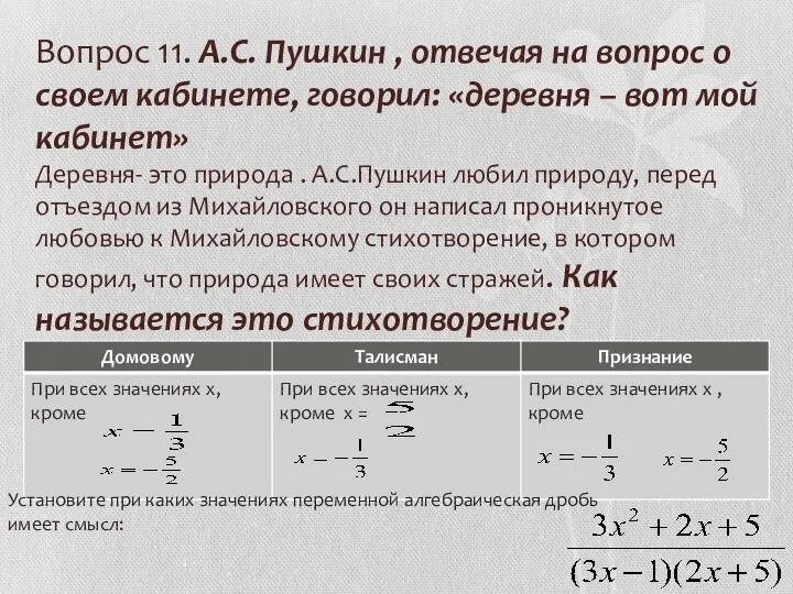 Вопрос 11. А.С. Пушкин , отвечая на вопрос о своем кабинете, говорил: