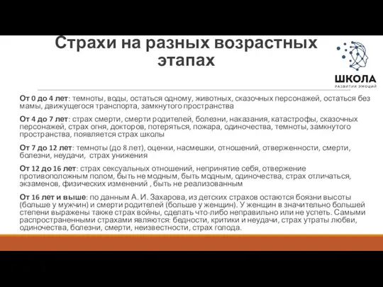 Страхи на разных возрастных этапах От 0 до 4 лет: темноты, воды,