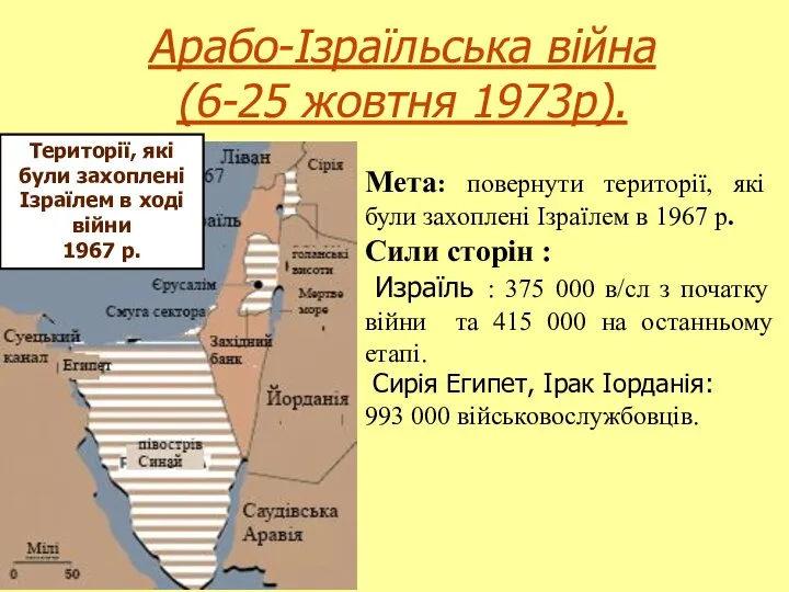 Арабо-Ізраїльська війна (6-25 жовтня 1973р). Території, які були захоплені Ізраїлем в ході