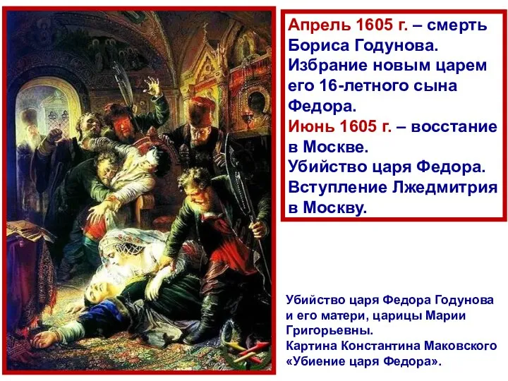 Апрель 1605 г. – смерть Бориса Годунова. Избрание новым царем его 16-летного