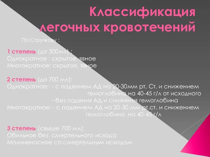 Классификация легочных кровотечений 1 степень (до 300мл) : Однократное : скрытое, явное