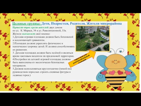 Целевые группы: Дети, Подростки, Родители, Жители микрорайона Провели опрос среди жителей двух