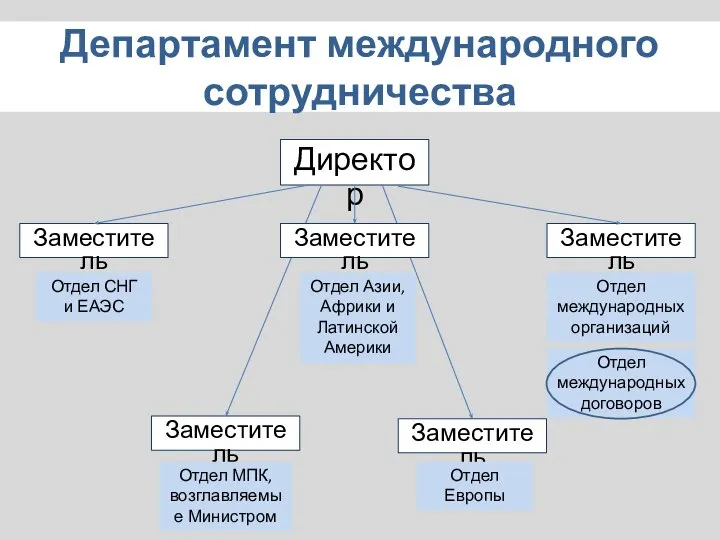 Департамент международного сотрудничества Директор Заместитель Заместитель Заместитель Заместитель Заместитель Отдел Азии, Африки