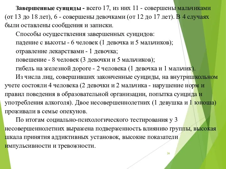 Завершенные суициды - всего 17, из них 11 - совершены мальчиками (от