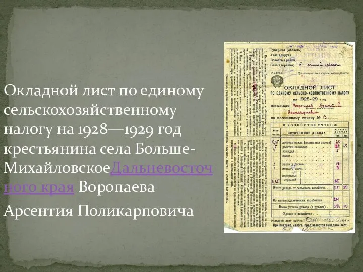 Окладной лист по единому сельскохозяйственному налогу на 1928—1929 год крестьянина села Больше-МихайловскоеДальневосточного края Воропаева Арсентия Поликарповича