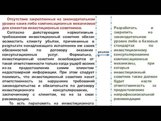 Отсутствие закрепленных на законодательном уровне каких-либо компенсационных механизмов для клиентов инвестиционных советников.