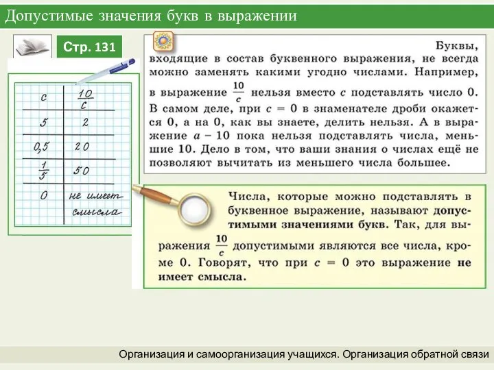 Допустимые значения букв в выражении Организация и самоорганизация учащихся. Организация обратной связи