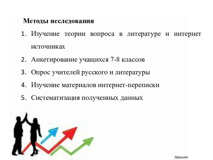 Методы исследования Изучение теории вопроса в литературе и интернет источниках Анкетирование учащихся