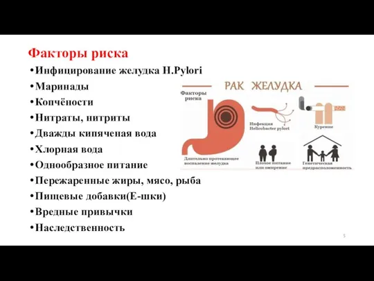 Факторы риска Инфицирование желудка H.Pylori Маринады Копчёности Нитраты, нитриты Дважды кипяченая вода