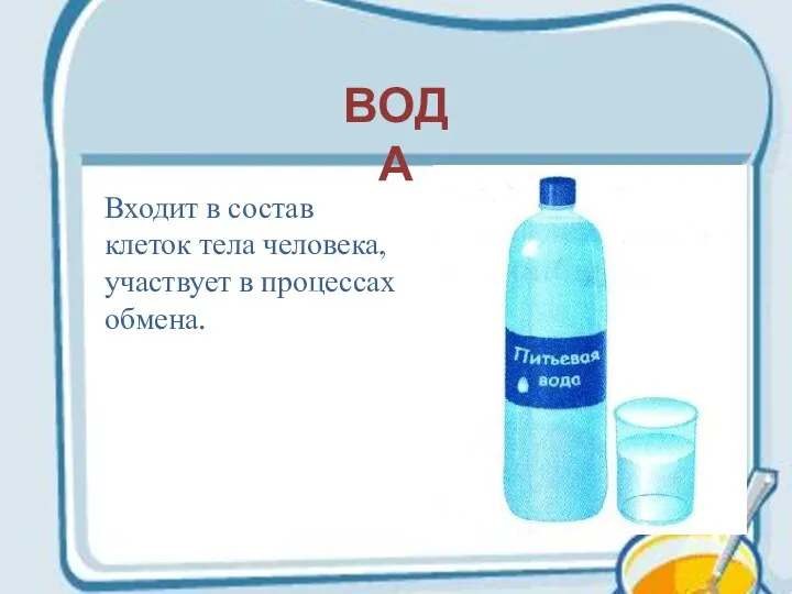 ВОДА Входит в состав клеток тела человека, участвует в процессах обмена.