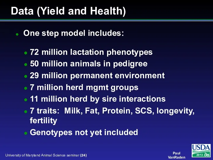 One step model includes: 72 million lactation phenotypes 50 million animals in