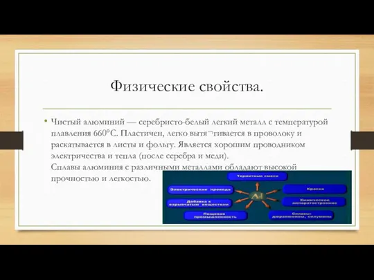 Физические свойства. Чистый алюминий — серебристо-белый легкий металл с температурой плавления 660°С.