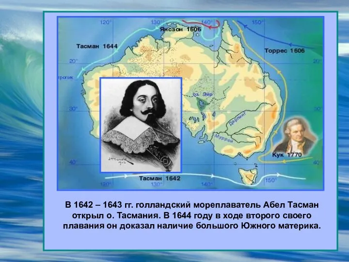 В 1642 – 1643 гг. голландский мореплаватель Абел Тасман открыл о. Тасмания.