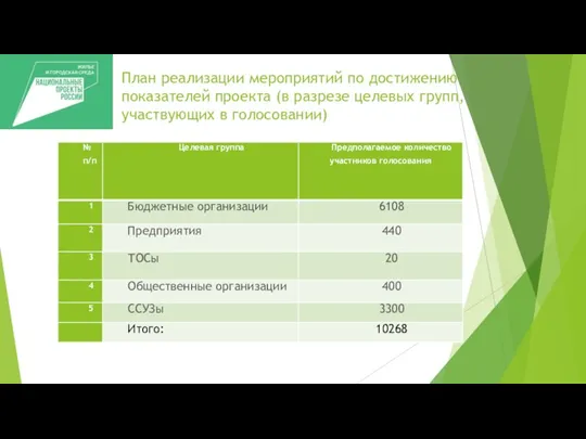 План реализации мероприятий по достижению показателей проекта (в разрезе целевых групп, участвующих в голосовании)