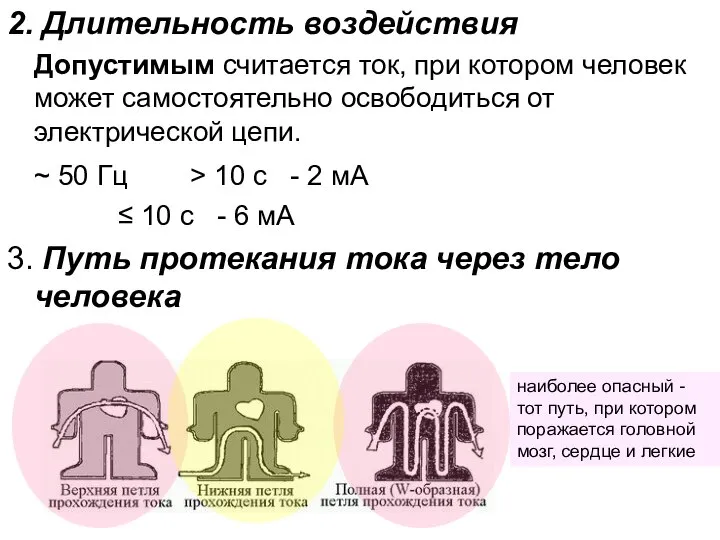 2. Длительность воздействия Допустимым считается ток, при котором человек может самостоятельно освободиться