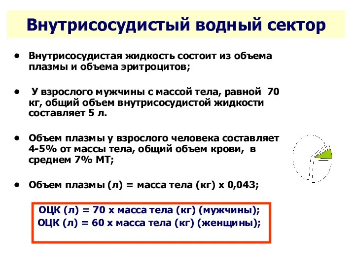 Внутрисосудистый водный сектор Внутрисосудистая жидкость состоит из объема плазмы и объема эритроцитов;