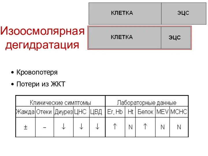 Изоосмолярная дегидратация Кровопотеря Потери из ЖКТ