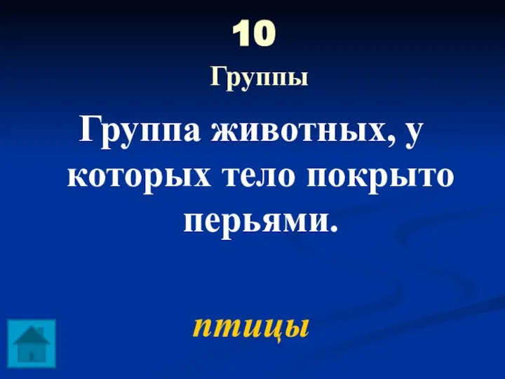 10 Группы Группа животных, у которых тело покрыто перьями. птицы