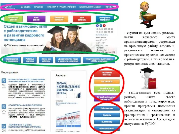 - студентам вуза подать резюме, найти желаемые места практик/стажировок и устроиться на