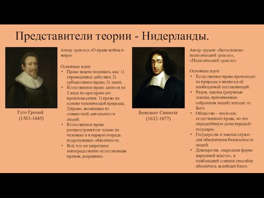 Представители теории - Нидерланды. Гуго Гроций (1583-1645) Бенедикт Спиноза (1632-1677) Автор трактата