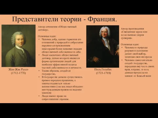 Представители теории - Франция. Жан-Жак Руссо (1712-1778) Поль Гольбах (1723-1789) Автор сочинения