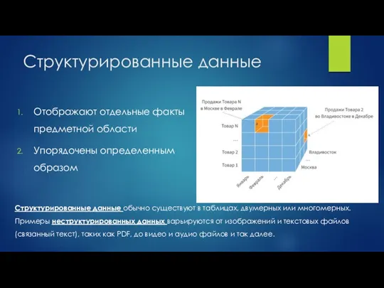 Структурированные данные Отображают отдельные факты предметной области Упорядочены определенным образом Структурированные данные