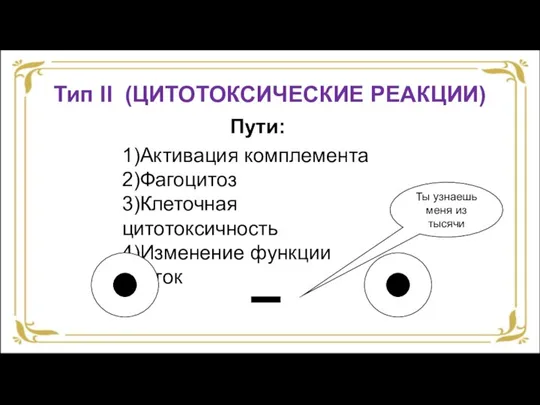 Тип II (ЦИТОТОКСИЧЕСКИЕ РЕАКЦИИ) 1)Активация комплемента 2)Фагоцитоз 3)Клеточная цитотоксичность 4)Изменение функции клеток