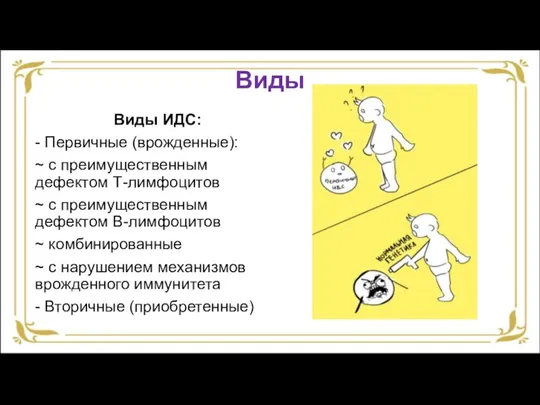 Виды Виды ИДС: - Первичные (врожденные): ~ с преимущественным дефектом Т-лимфоцитов ~