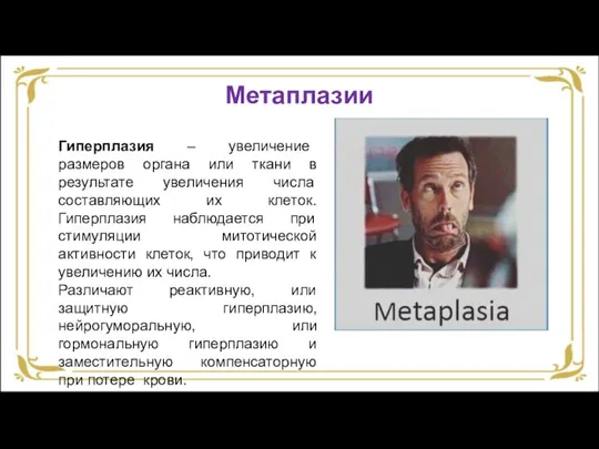 Метаплазии Гиперплазия – увеличение размеров органа или ткани в результате увеличения числа