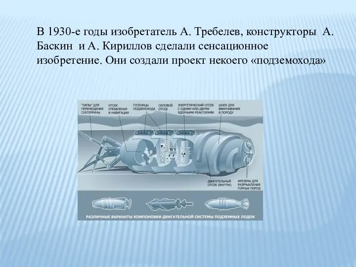 В 1930-е годы изобретатель А. Требелев, конструкторы А. Баскин и А. Кириллов