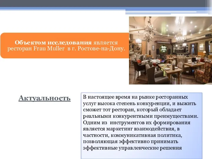 Объектом исследования является ресторан Frau Muller в г. Ростове-на-Дону. В настоящее время
