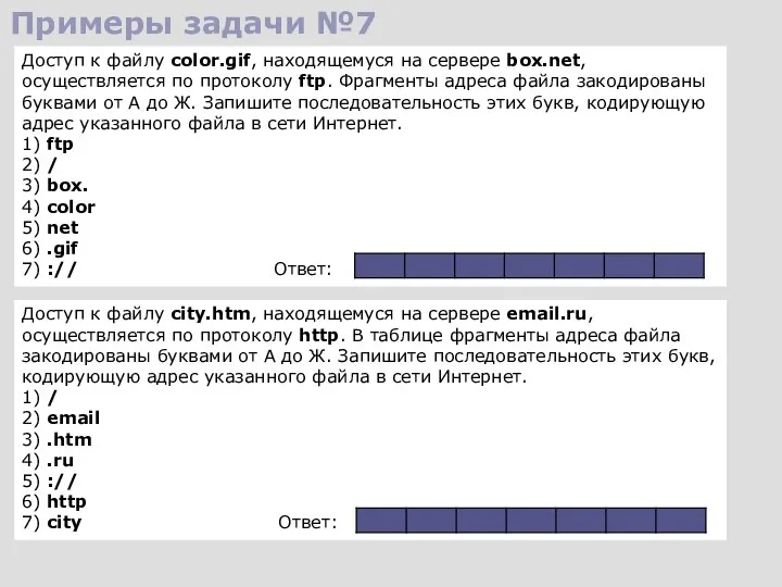 Примеры задачи №7 Доступ к файлу city.htm, находящемуся на сервере email.ru, осуществляется
