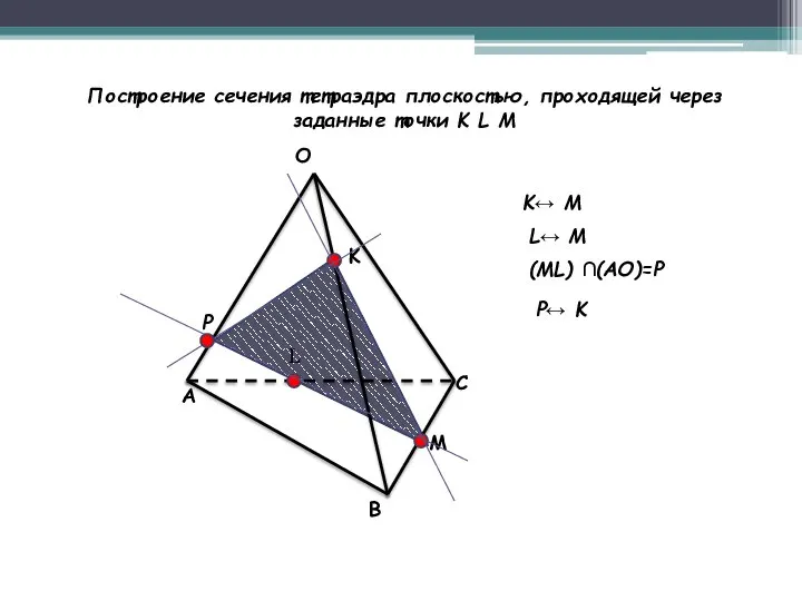 Построение сечения тетраэдра плоскостью, проходящей через заданные точки K L M O