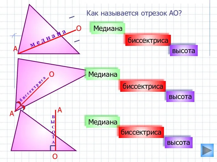 Как называется отрезок АО? Медиана биссектриса высота м е д и а