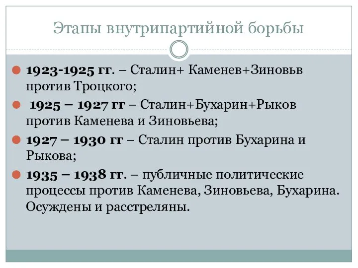 Этапы внутрипартийной борьбы 1923-1925 гг. – Сталин+ Каменев+Зиновьв против Троцкого; 1925 –