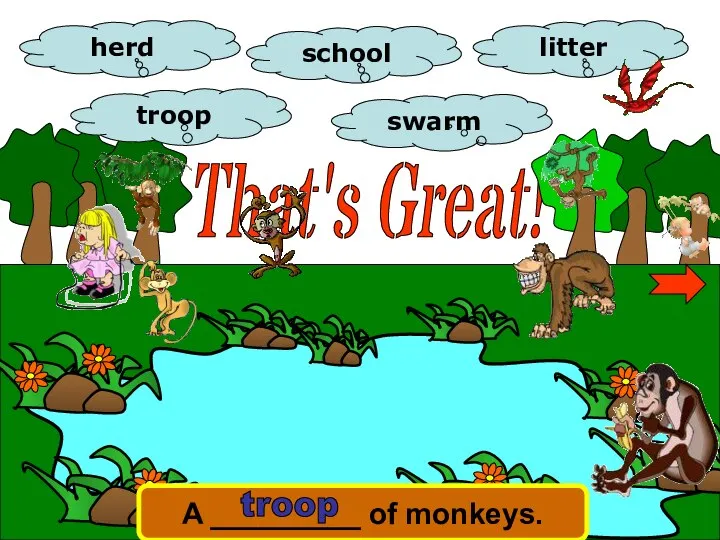 That's Great! herd school litter swarm troop A _________ of monkeys. troop
