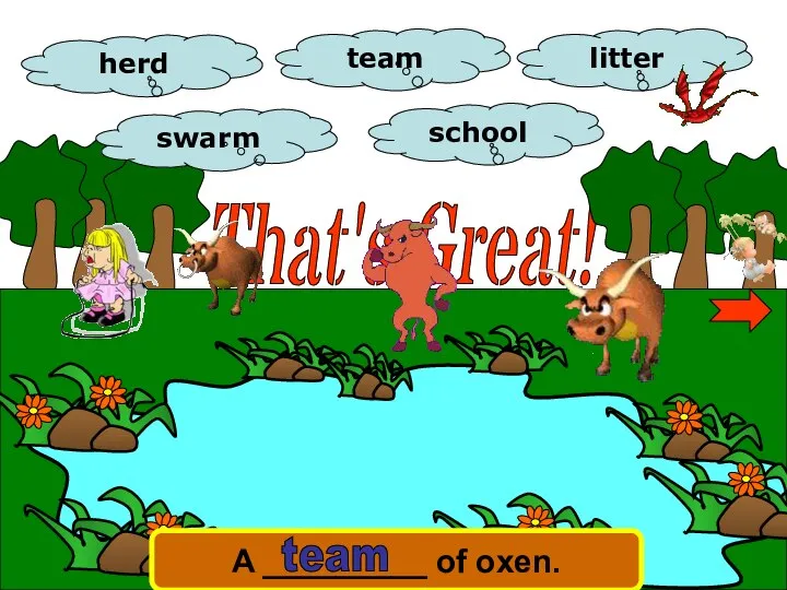 That's Great! herd school litter swarm team A _________ of oxen. team