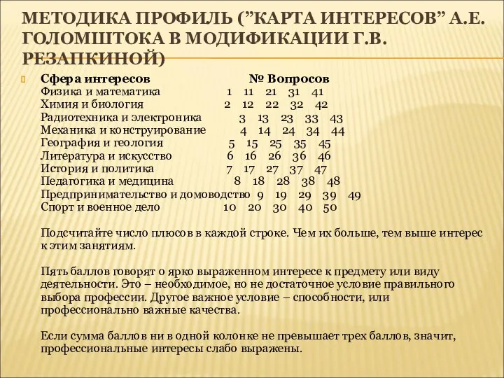 МЕТОДИКА ПРОФИЛЬ (”КАРТА ИНТЕРЕСОВ” А.Е.ГОЛОМШТОКА В МОДИФИКАЦИИ Г.В.РЕЗАПКИНОЙ) Сфера интересов № Вопросов