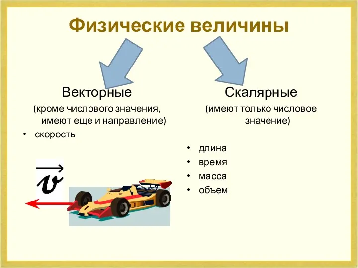 Физические величины Векторные (кроме числового значения, имеют еще и направление) скорость Скалярные