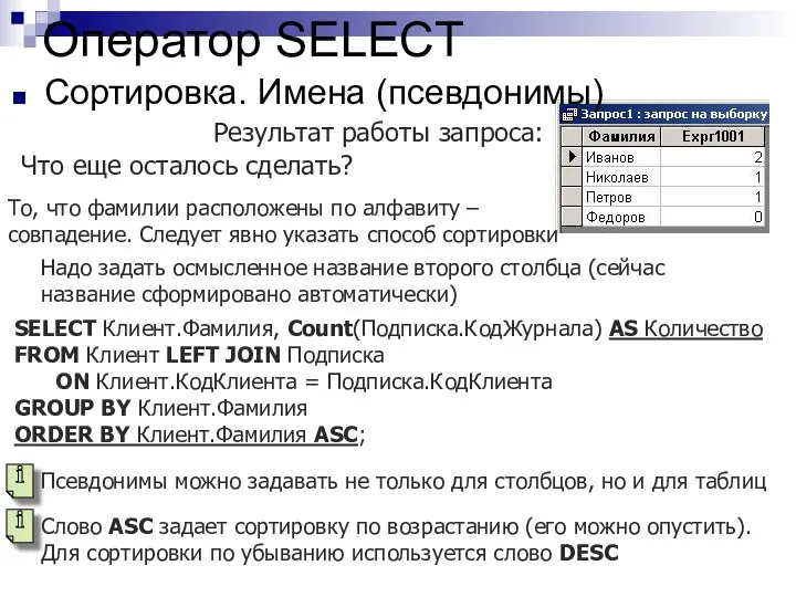 Оператор SELECT Сортировка. Имена (псевдонимы) Что еще осталось сделать? Псевдонимы можно задавать