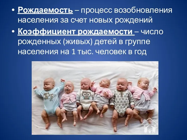 Рождаемость – процесс возобновления населения за счет новых рождений Коэффициент рождаемости –