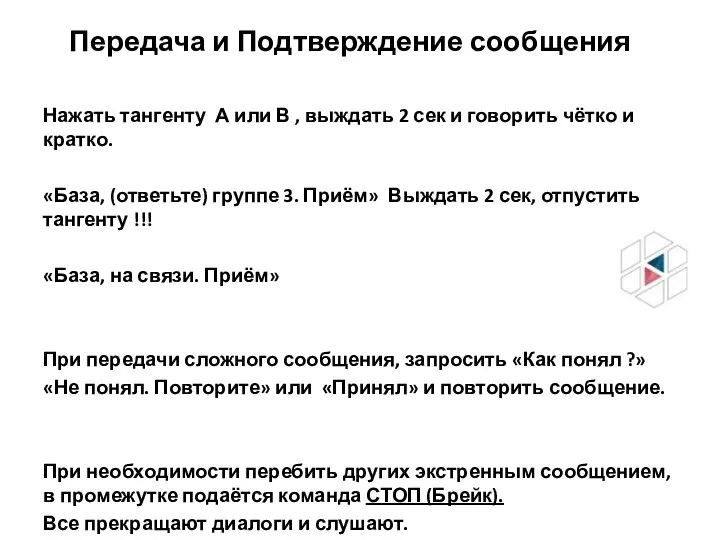 Передача и Подтверждение сообщения Нажать тангенту А или В , выждать 2