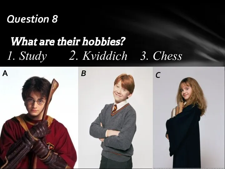 1. Study 2. Kviddich 3. Chess What are their hobbies? A B C Question 8