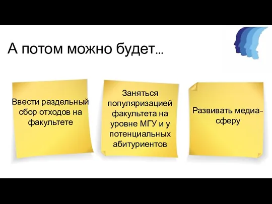 А потом можно будет… Ввести раздельный сбор отходов на факультете Заняться популяризацией