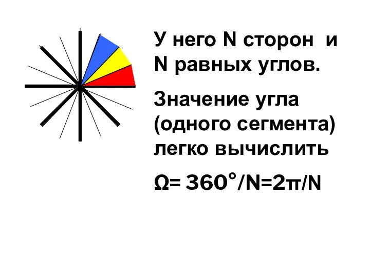 У него N сторон и N равных углов. Значение угла (одного сегмента) легко вычислить Ω= 360°/N=2π/N